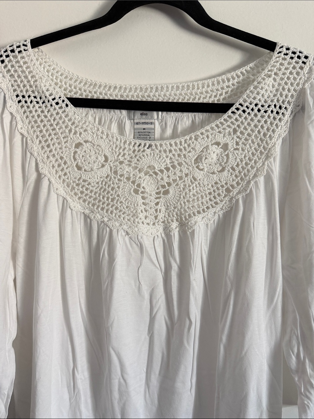 Ellos White Crochet Lace Yoke Tunic Top Medium 3/4 Sleeve Boho